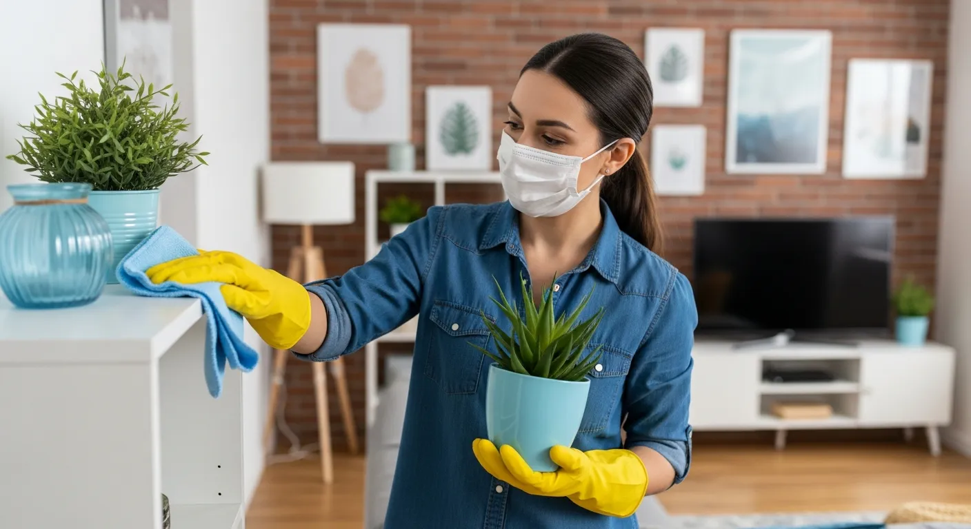A Woman Wearing Yellow Gloves, and a White Face Mask, Diligently Wiping a White Shelf With a Light Blue Cloth