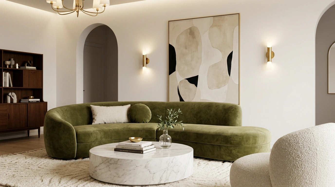A Generously Sized, Serpentine-shaped (Curved) Olive Green Velvet Sofa