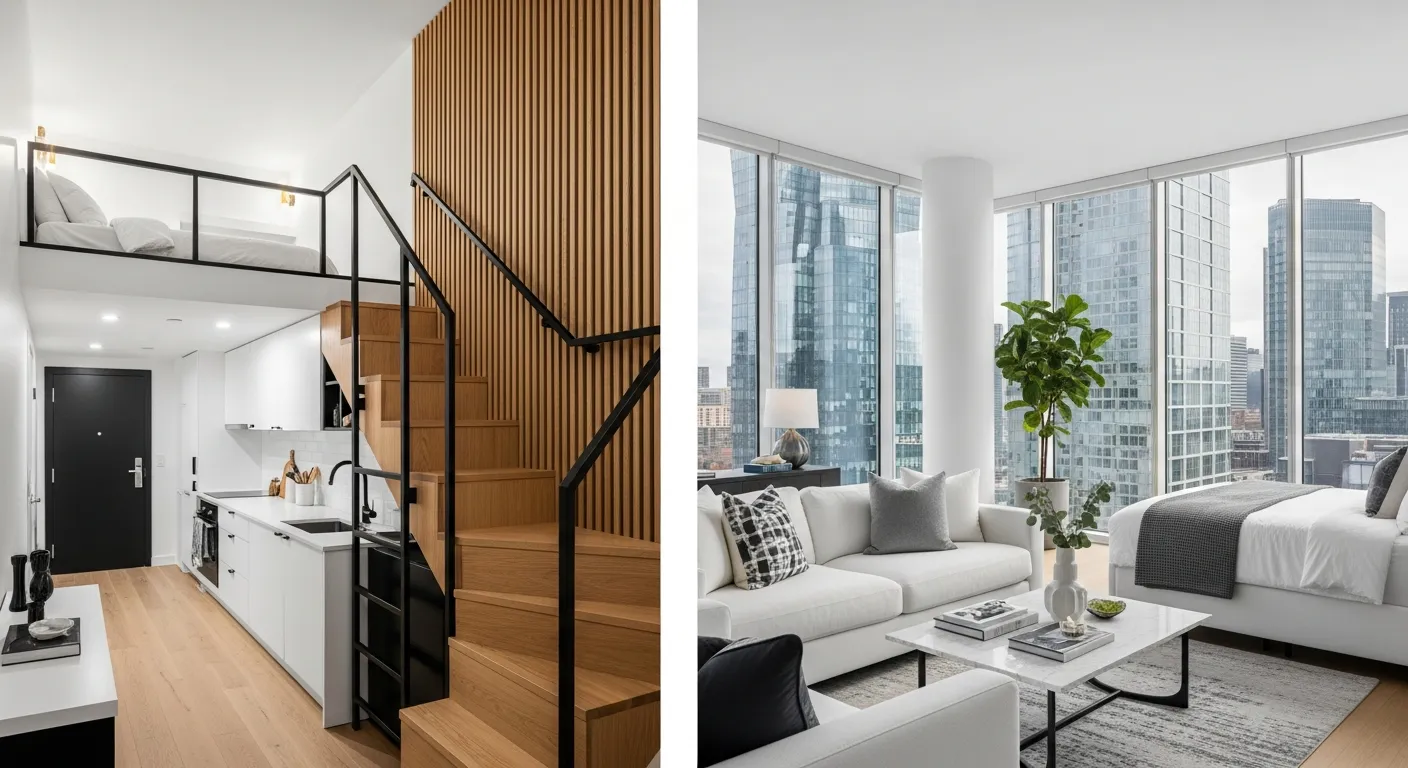 A Compact, Multi-level Studio With a Wooden Slatted Loft Bed and the Right Side Displays a Spacious, Bright Living Room and Bedroom Area With White Sofas, a Marble Coffee Table
