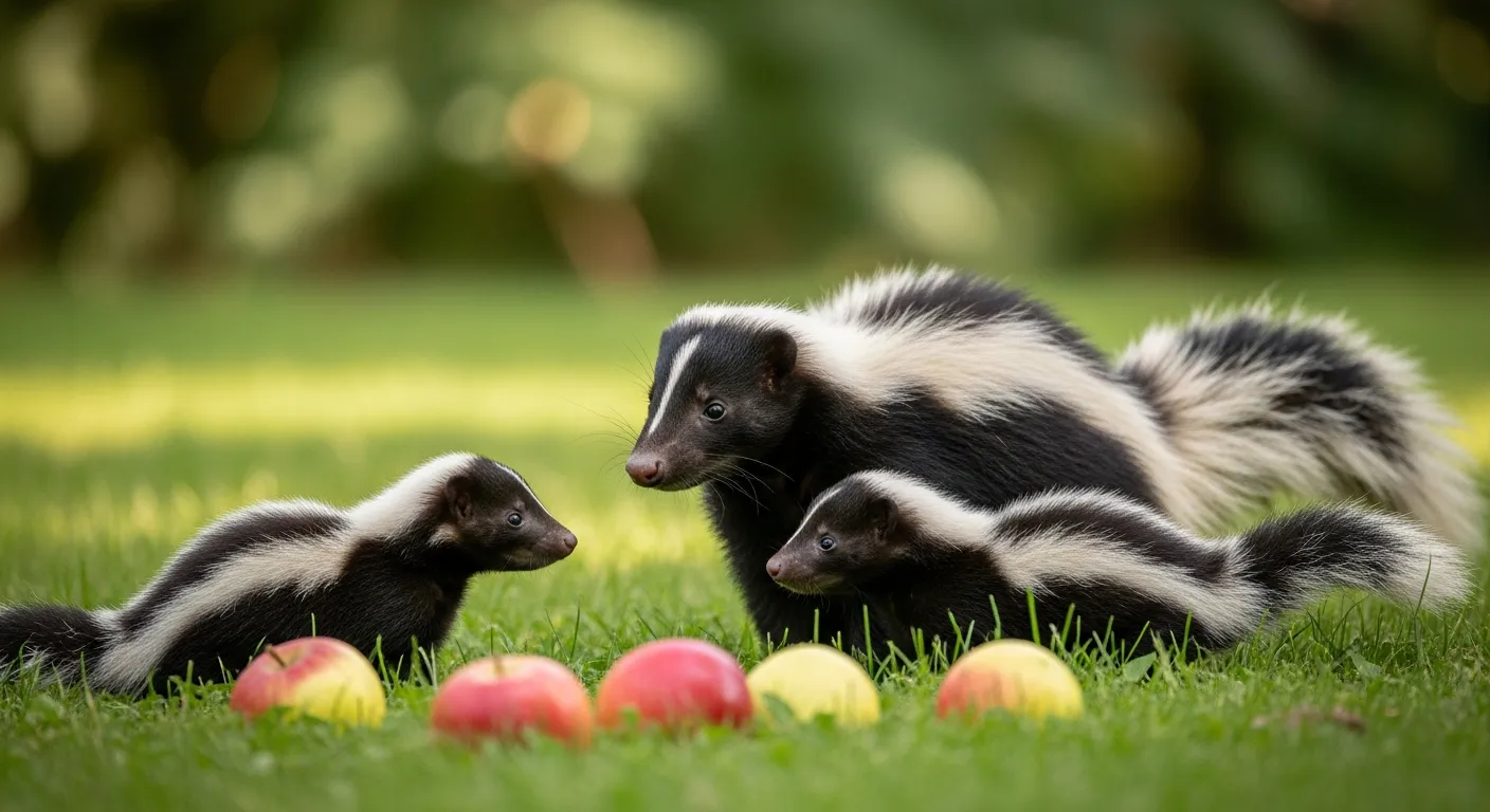 A Larger Adult Skunk and Two Smaller Baby Skunks Are on a Lush Green Grass