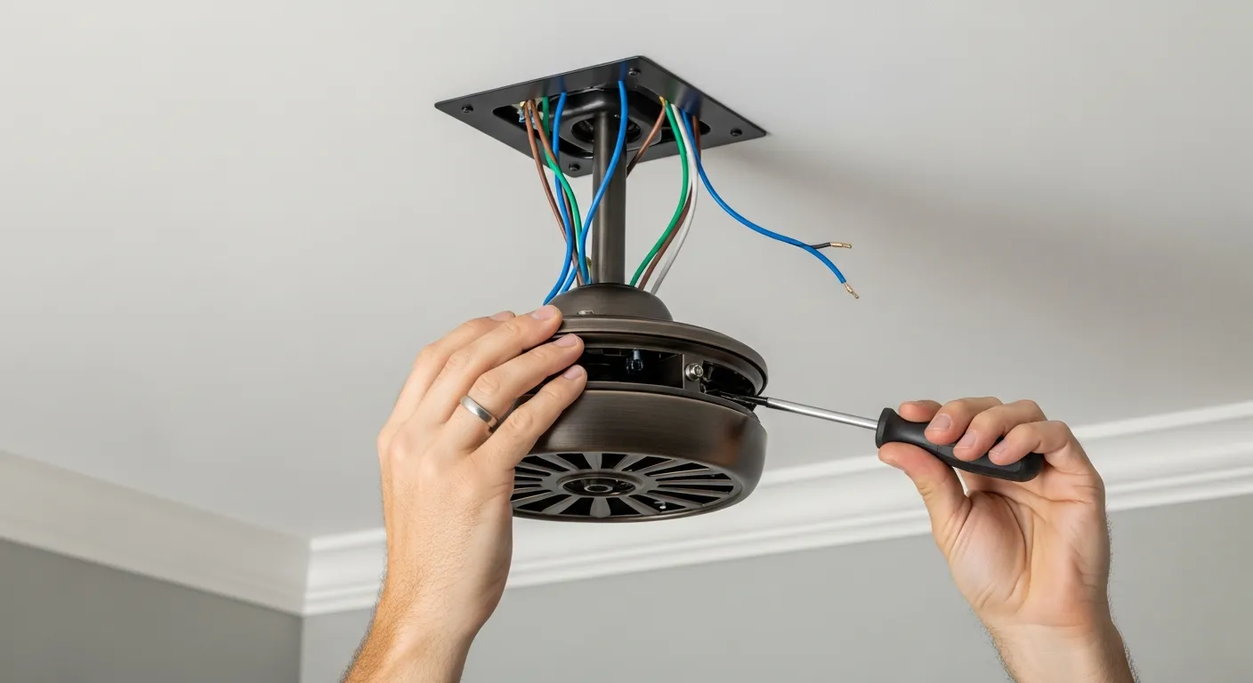Removing a Dark Bronze, Ceiling Fan Motor Assembly, Complete With Exposed Blue, White, and Black Wires