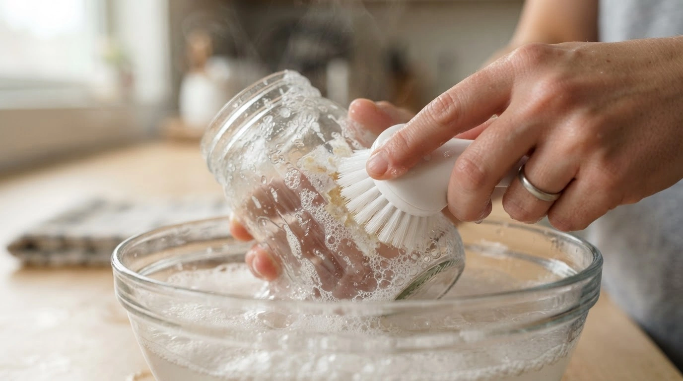 A Hand Gently Scrubbing Stubborn, Gummy Adhesive Residue From a Clear Glass Jar