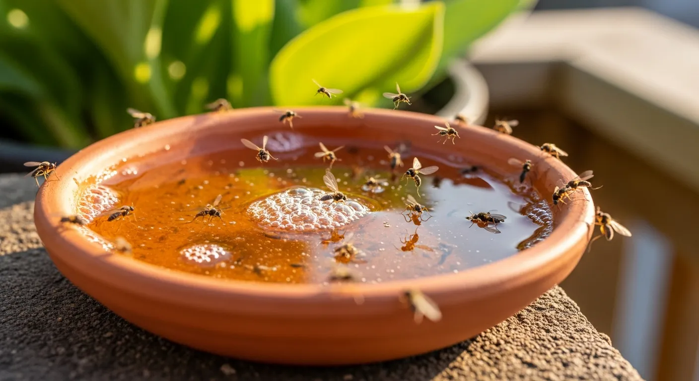 A Small, Circular, Light-brown Unglazed Terracotta Saucer on Which Numerous Minuscule, Dark Fungus Gnats Are Present: Several Hover