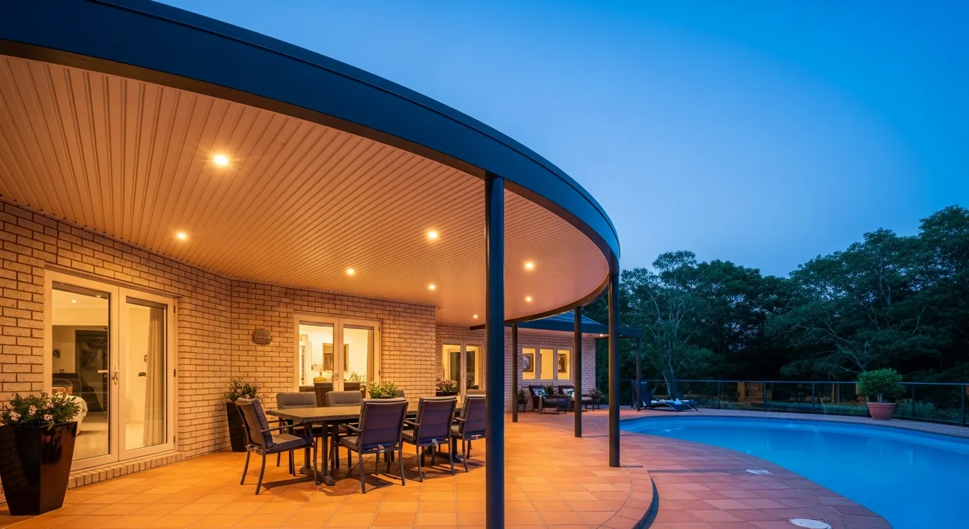 A Dramatic Curved Dark Pergola With a Ribbed Cream Ceiling Extends From a Light Brick House, Shading a Large Dining Table With Six Chairs on a Terracotta-tiled Patio.