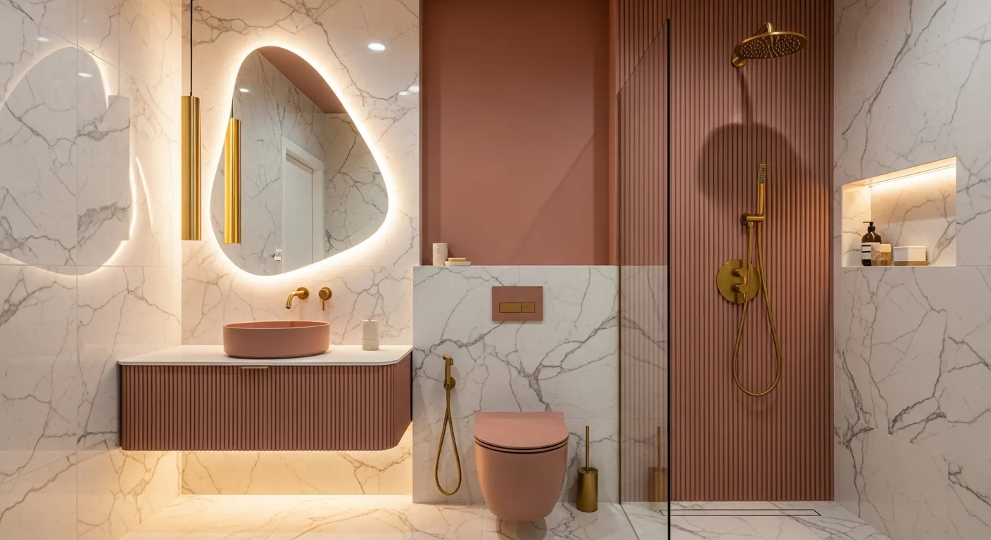 A Large, Irregularly Shaped Organic Mirror With Soft, Warm LED and a Cylindrical Brass Pendant Light Hangs Beside the Mirror