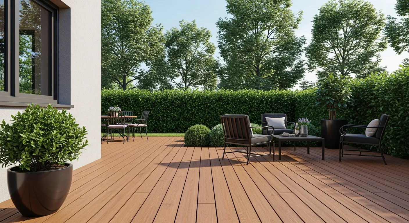 Meticulously Crafted Wooden Deck, Composed of Rich, Warm Brown Composite Planks 