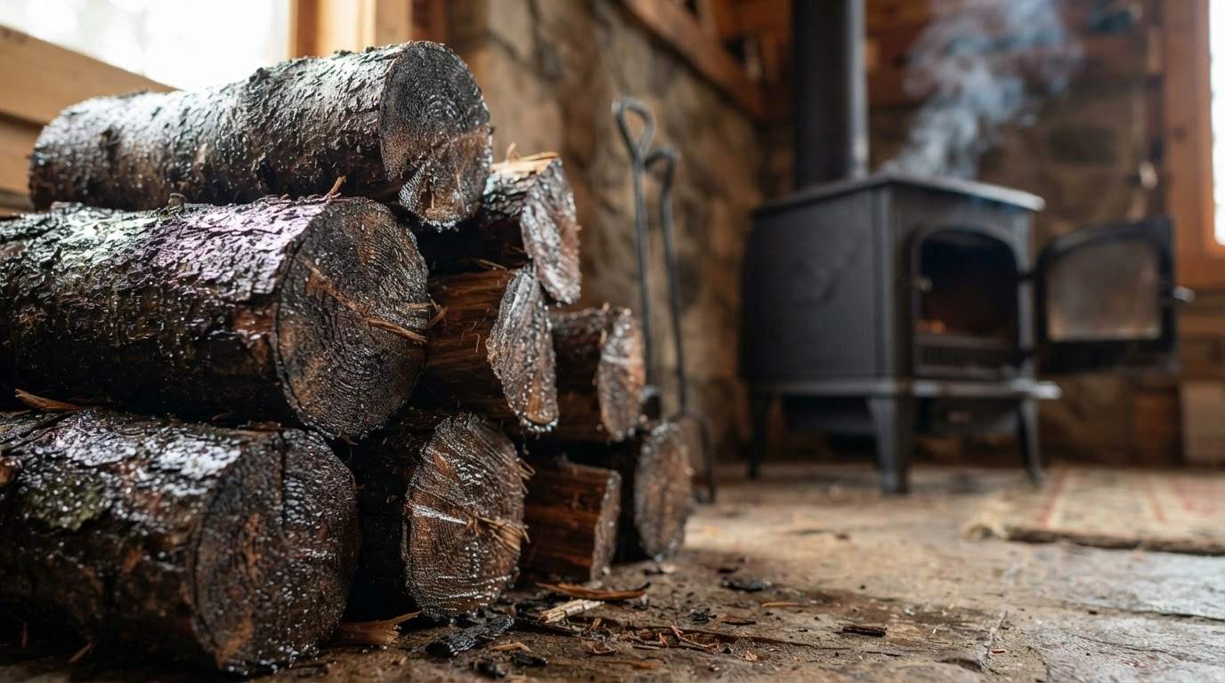 A Stack of Dark, Unseasoned, and Visibly Wet Firewood Log