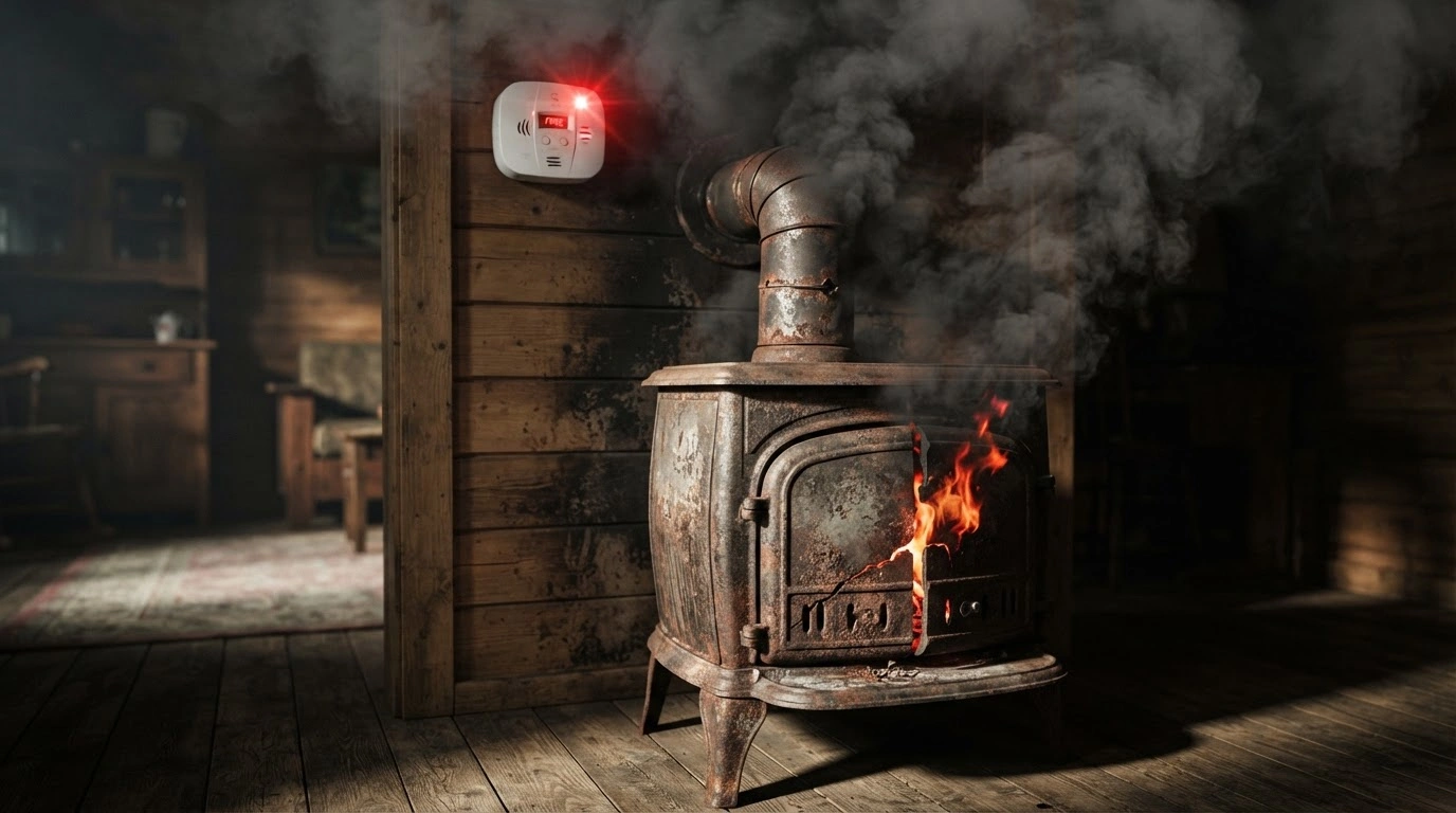 A Vintage, Cast-iron Wood Stove, Emitting Fire Hazards, Thick, Dark Grey, Acrid Smoke Billows 