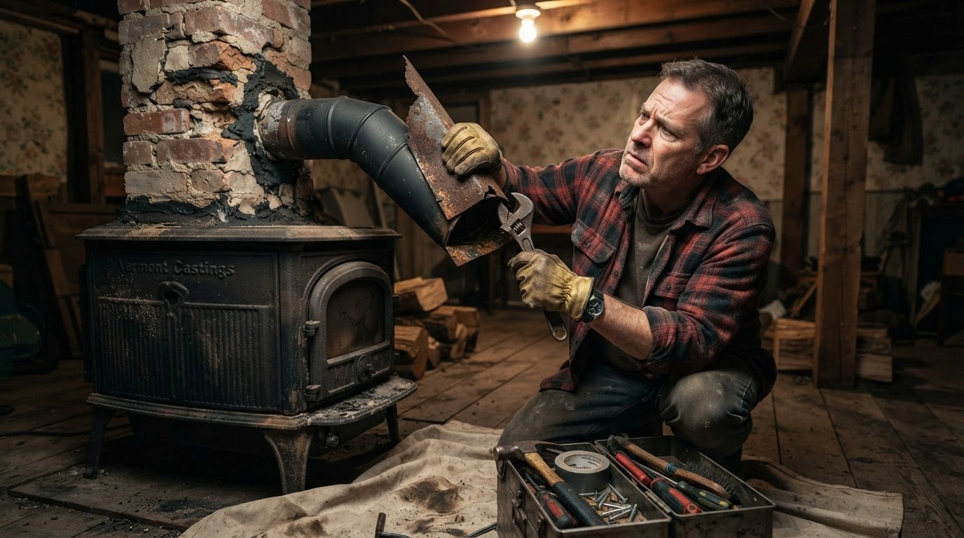 A Man Attempting to Force an Ill-fitting, Rusty Metal Flashing Onto the Sooty Flue Pipe of a Vintage, Heavy Black Cast-iron Wood Stove