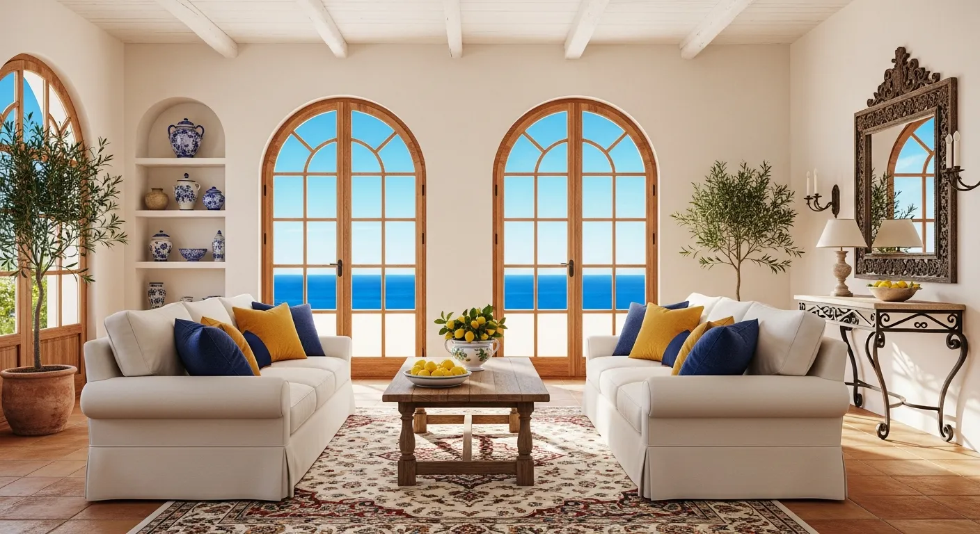 Two Large Arched Windows With Wooden Frames Showcase a Vivid Blue Ocean and Sky