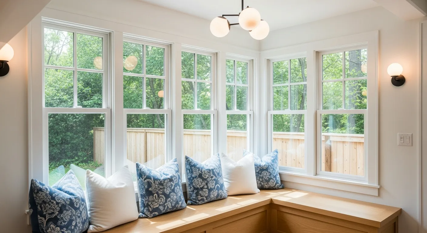 The Multiple White Grid-paned Windows, Looking Out Onto a Lush Green Garden and Wooden Fence