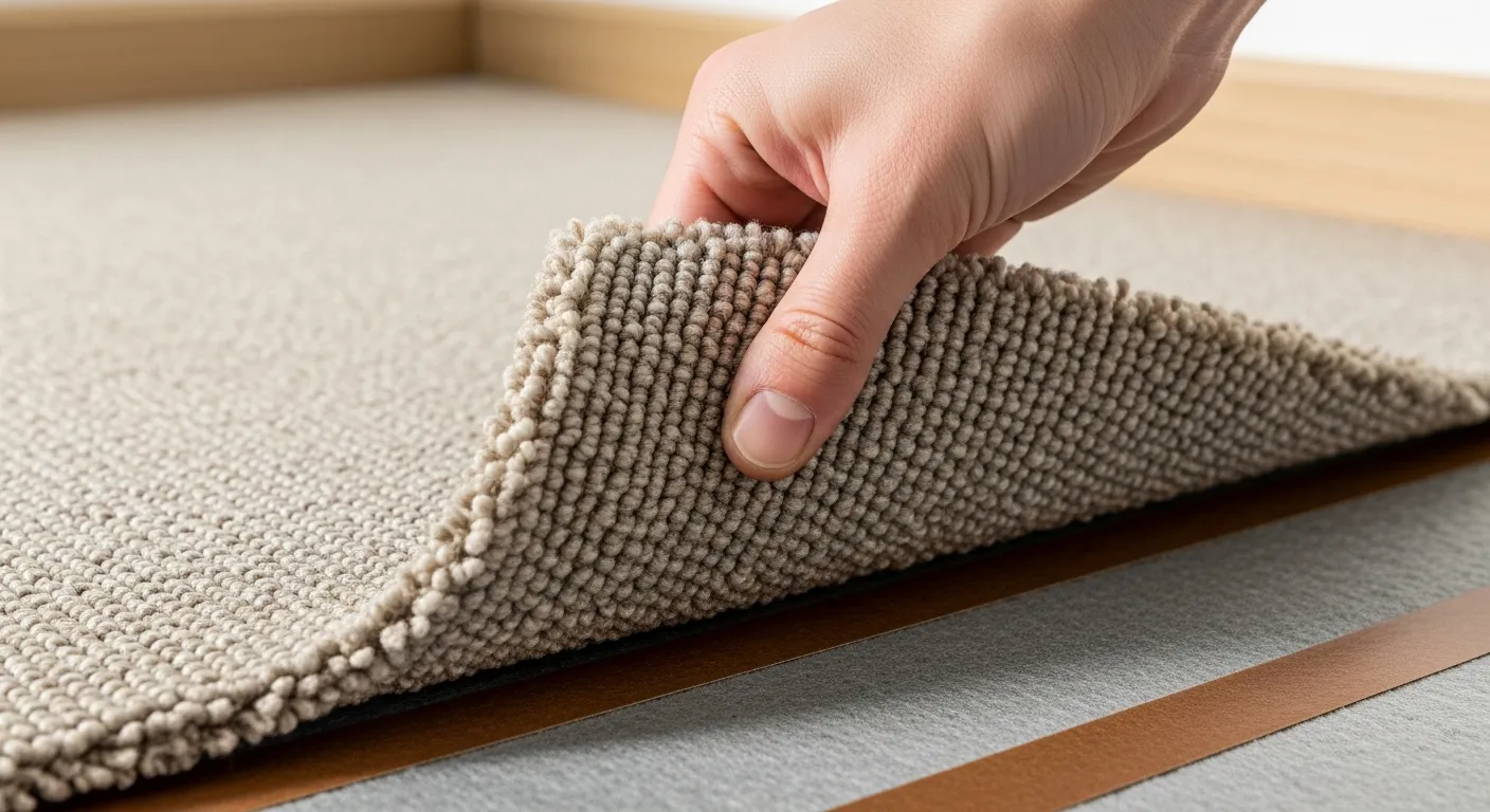 A Hand Peeling Back Textured Beige Carpet in a Room Corner, Revealing Gray Underlayment and Brown Adhesive Tape