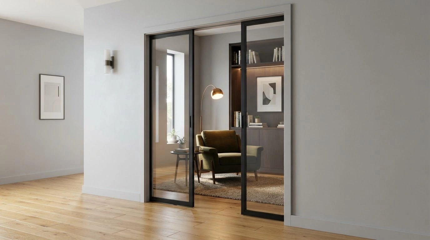 A Sleek Double Glass Pocket Door System in a Contemporary Interior