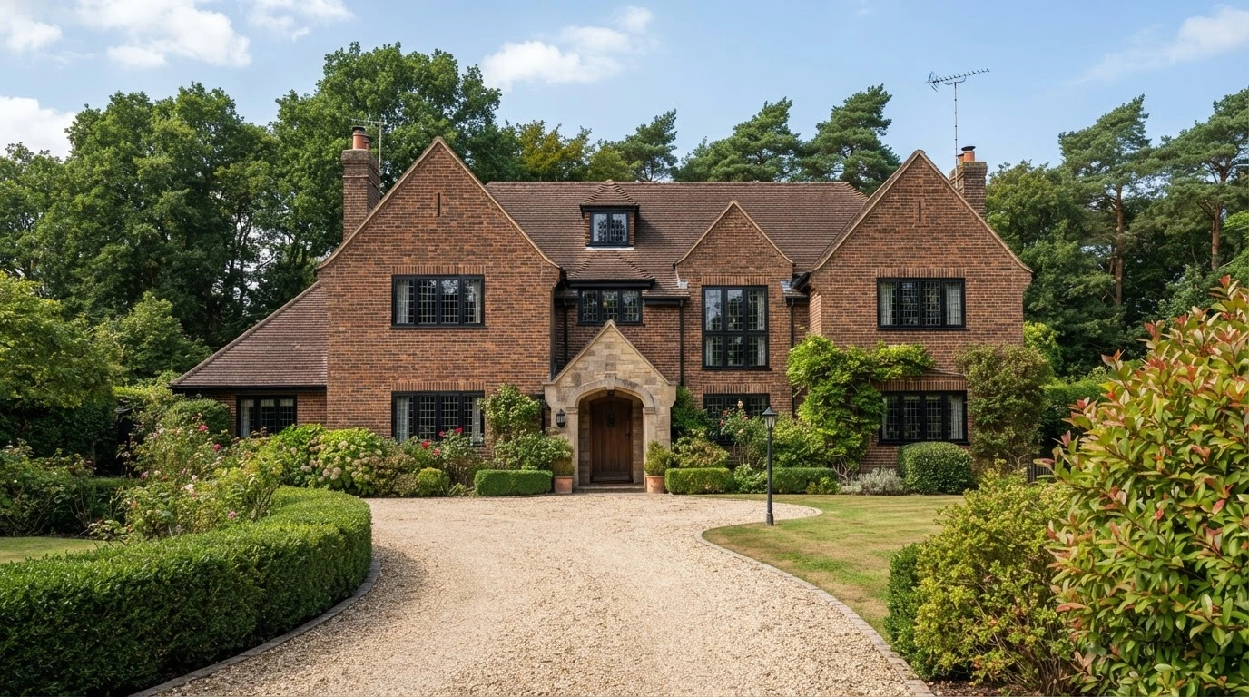 A Wide, Sweeping Light Beige Gravel Driveway Curves Towards the Recessed Wooden Front Door