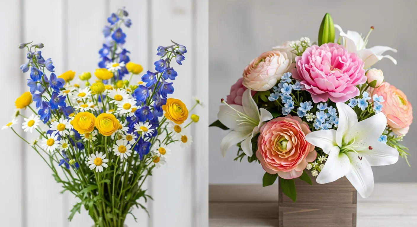 A Fresh Bouquet With White Daisies, Yellow Buttercups, and Blue Delphiniums, Set Against an Elegant Silk Flower Bouquet Featuring Pink Peonies, Peach Ranunculus