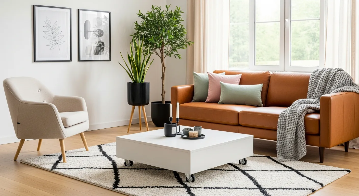 A Comfortable, Rich Brown Leather Sofa With Three Vibrant Dusty Pink and Sage Green Throw Pillows