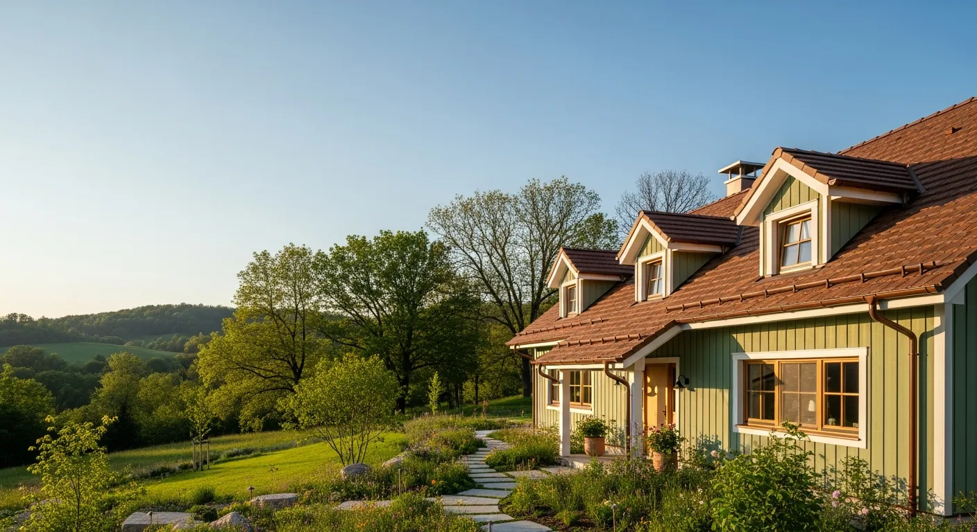 Earthy green colors with brown roof