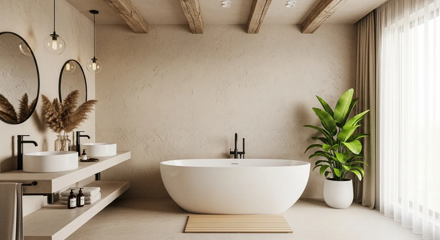 A Large White Oval Freestanding Bathtub is Centrally Placed on a Light Wooden Mat