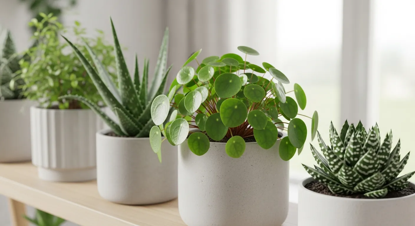 A Variety of Potted Green Miniature Houseplants Arranged on a Light Wooden Shelf