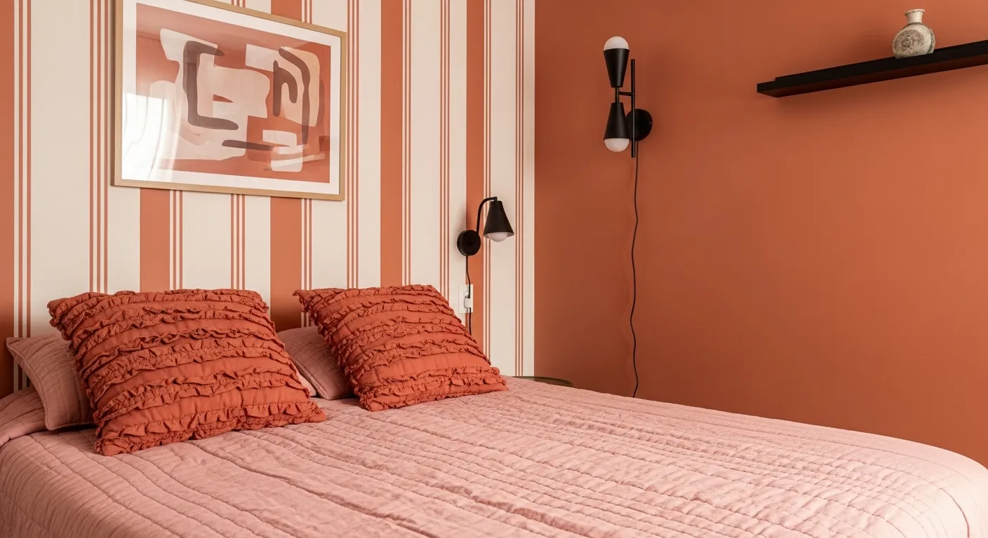 A Cozy Bedroom With a Pink Quilted Bedspread and Terracotta Ruffled Pillows