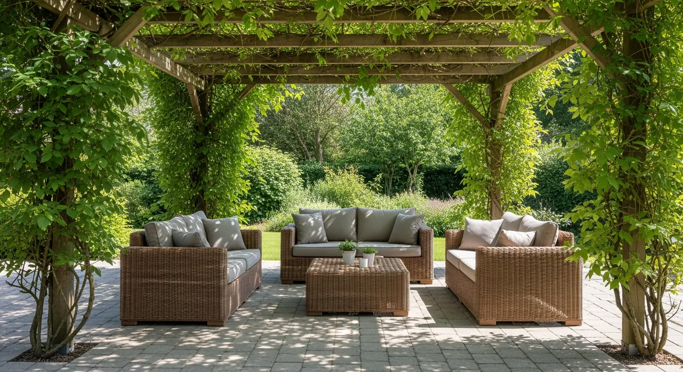Two Brown Wicker Sofas and a Matching Coffee Table With Light Cushions, Situated Under a Lush Wooden Pergola Covered in Vibrant Green Vines