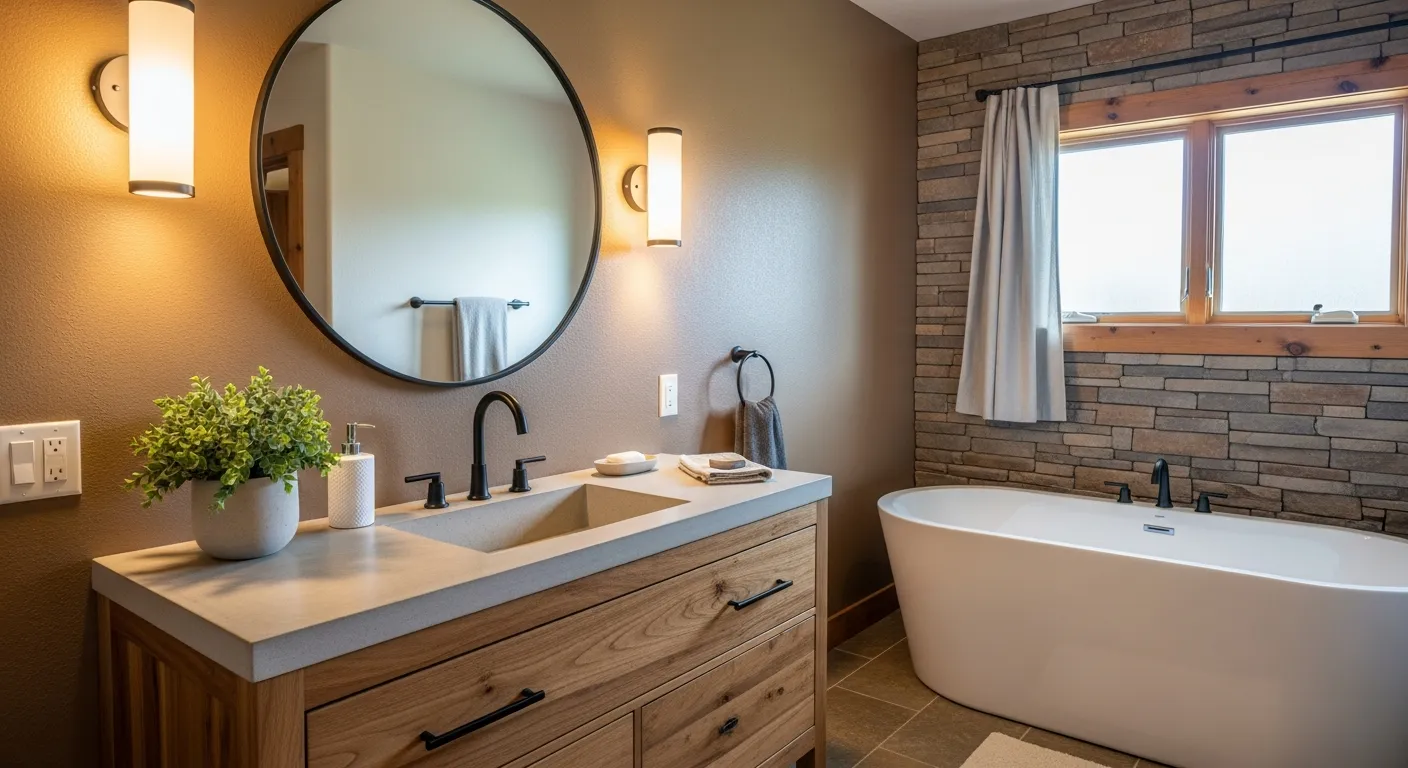 A Wooden Double-drawer Vanity With a Light Concrete Countertop and Integrated Sink