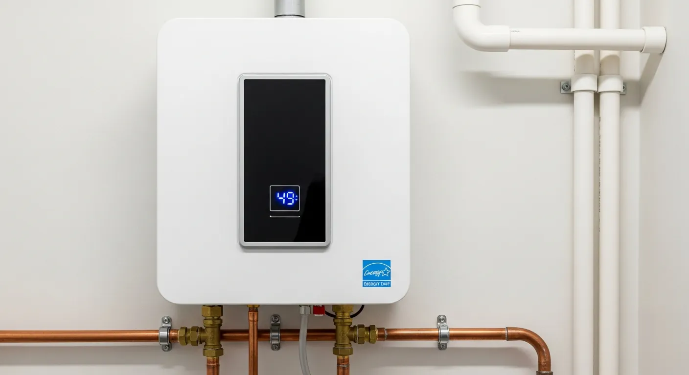 A Modern White Tankless Water Heater, Displaying a Black Digital Panel