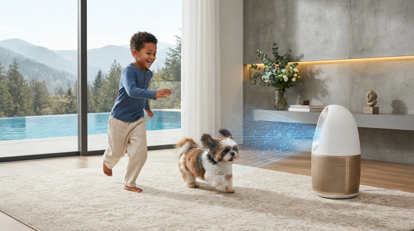 A Sleek, Modern, Egg-shaped Air Purifier, Featuring a White Top and a Textured Gold Perforated Cylindrical BASE