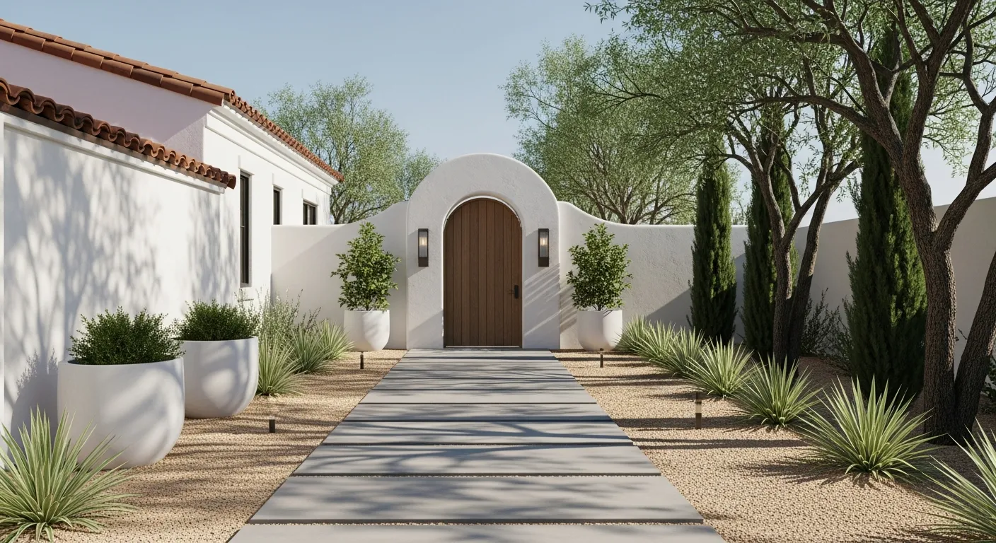 A Straight Concrete Paver Pathway Leads to an Arched Wooden Gate Set in a White Stucco Wall