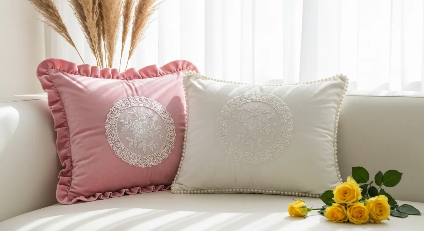 Beautiful Hand Embroidered Pink and White Pillow Cover Beautiful Hand Embroidered Pink and White Pillow Cover