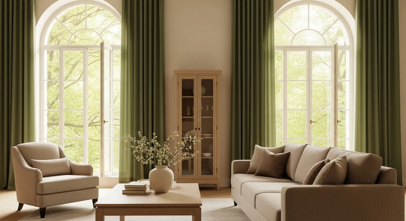 Windows Are Elegantly Framed by Long, Flowing, Emerald Green Pleated Drapes