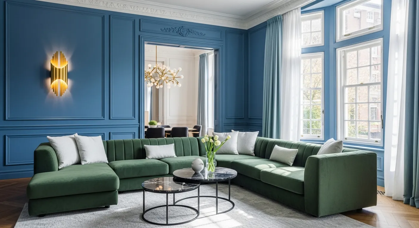 An L-shaped Emerald Green Velvet Sectional Sofa With White Cushions Sits on a Textured White Rug