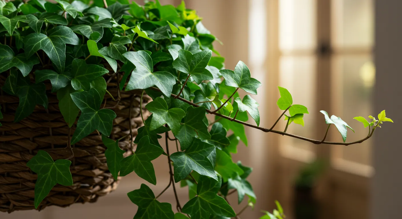 English Ivy Cascading from a Hanging Woven Basket English Ivy Cascading from a Hanging Woven Basket
