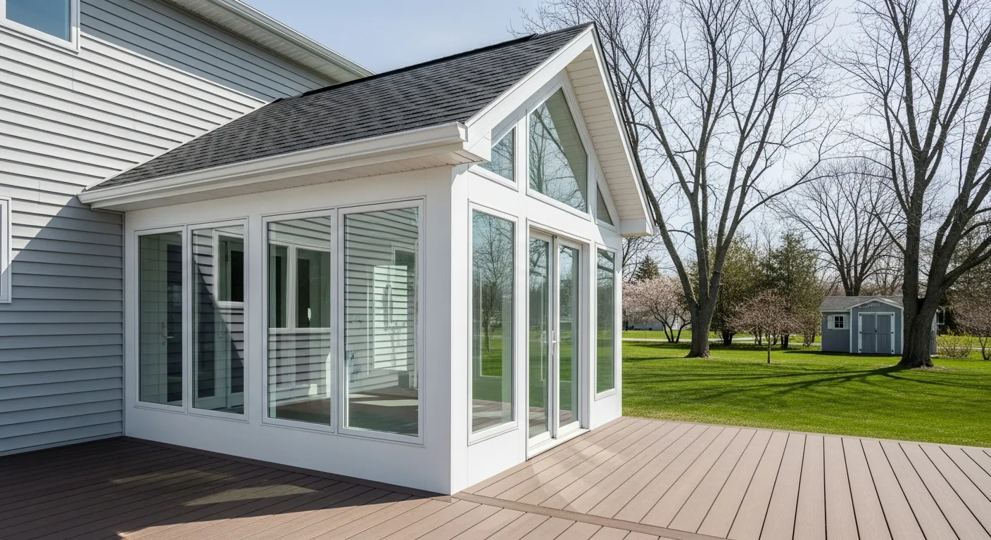 A White Sunroom Featuring Large Glass Windows and a Dark Shingled Roof, Attached to a Light Grey Sided House