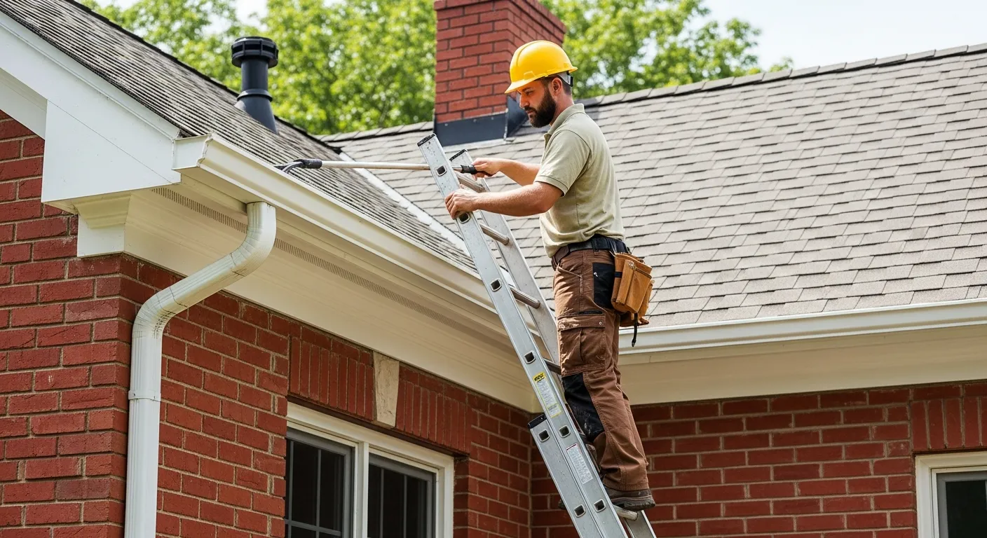A Worker Standing on a Silver Extension Ladder and Cleaning a White Gutter on a Red Brick House 