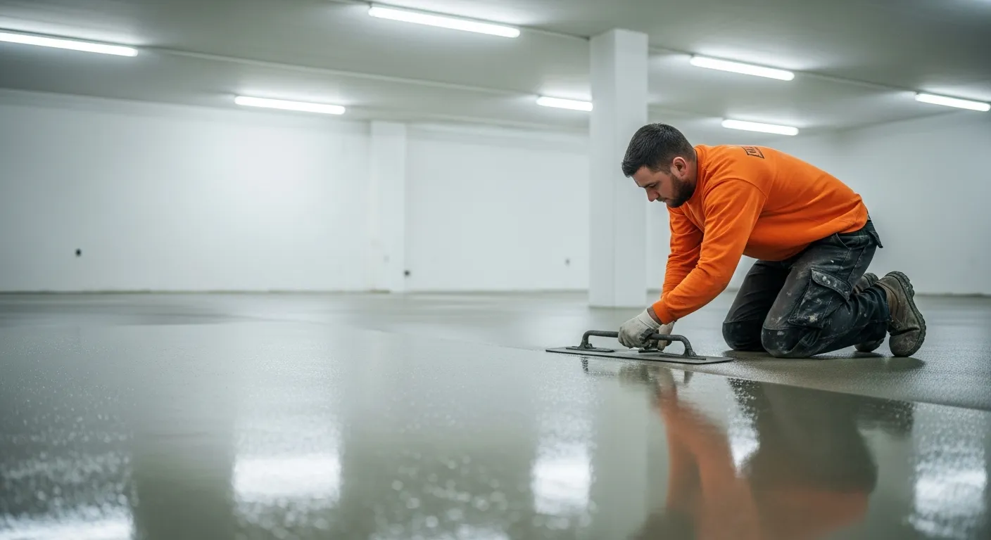 A Construction Worker Meticulously Smoothing a Wet, Light Gray Self-leveling Concrete Floor With a Trowel