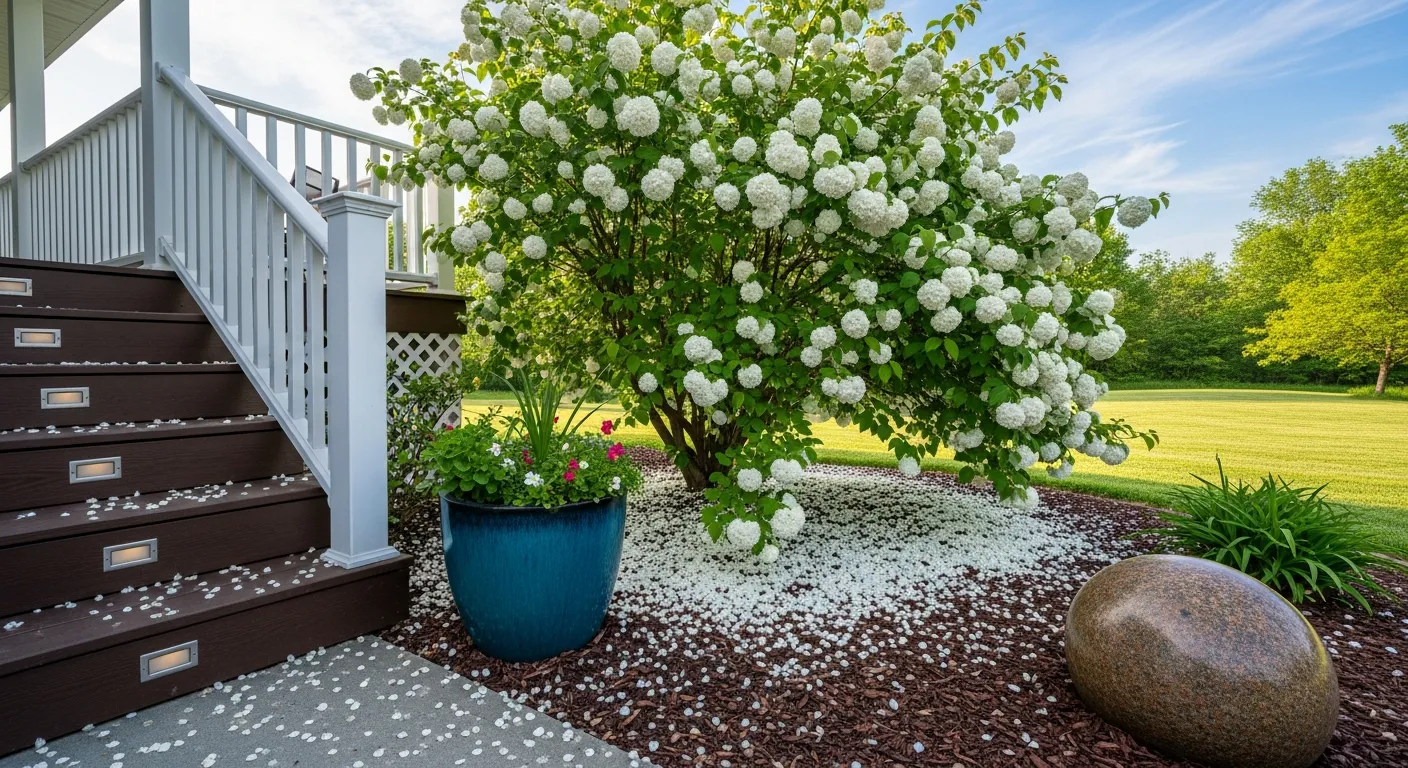 A Large, Profusely Blooming White Flowering Bush, Possibly a Snowball Viburnum, With Countless Dense Clusters of Spherical White Blossoms