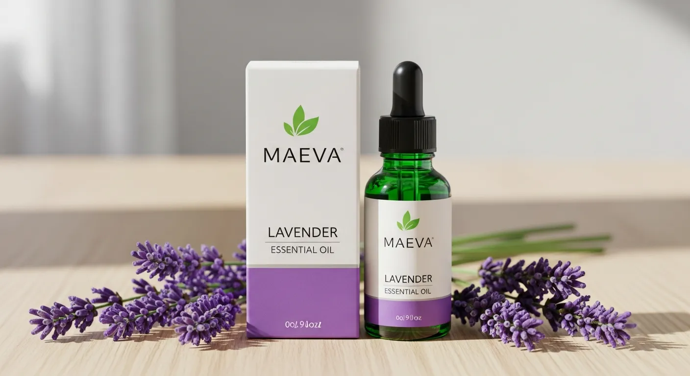A Vibrant Green Glass Dropper Bottle of 'Maeva Lavender Essential Oil' 