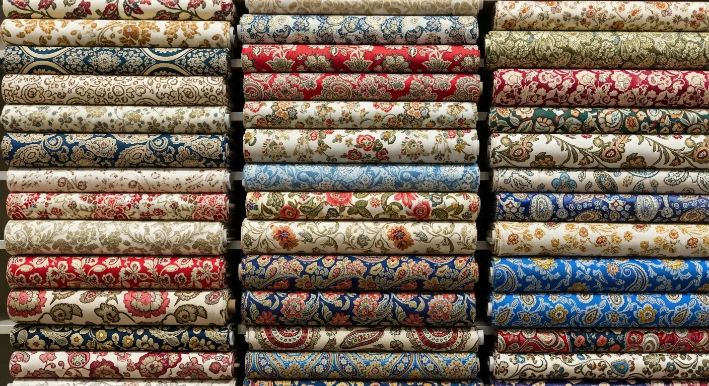 A Tightly Packed Vertical Arrangement of Numerous Fabric Rolls, Neatly Stacked Horizontally on Obscured Shelves in a Textile