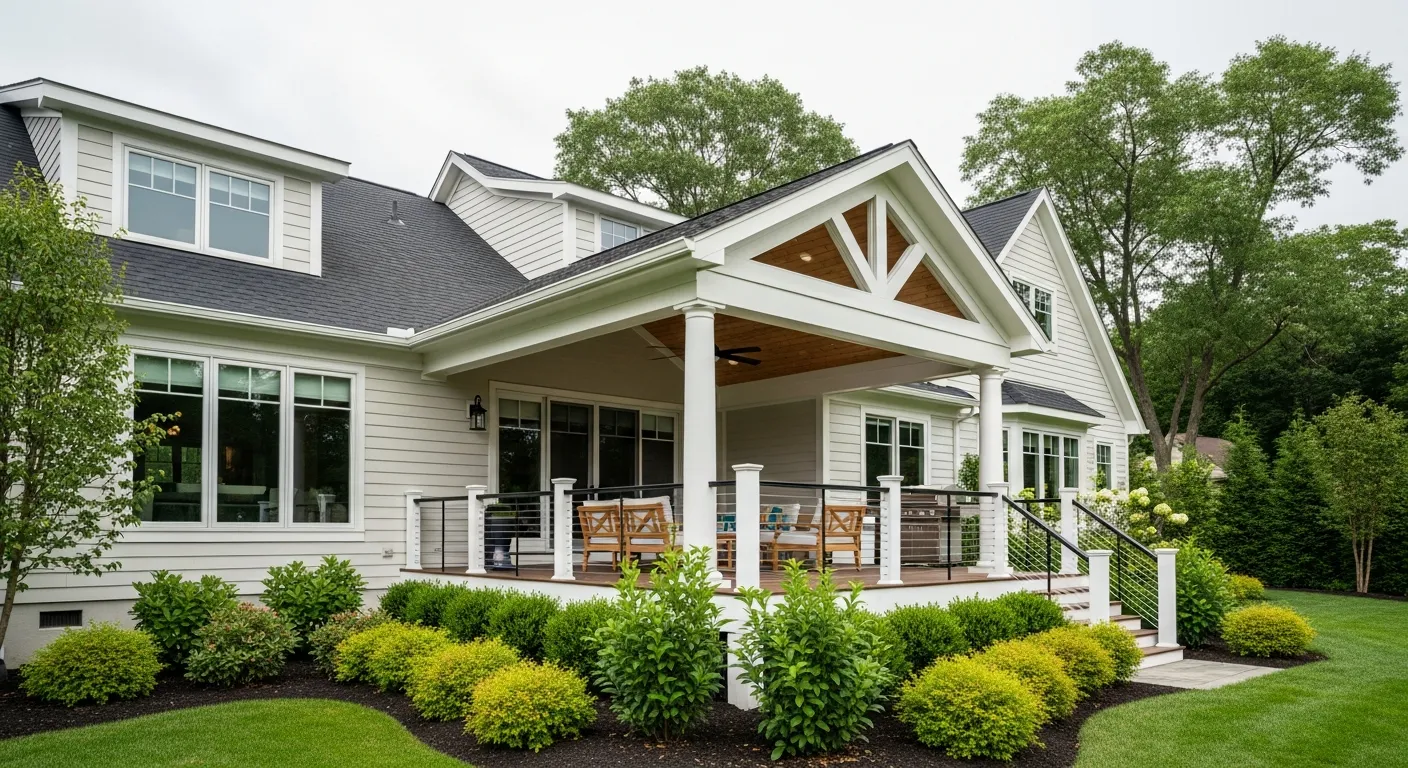 A Modern Suburban House With Light Cream Siding and a Dark Roof