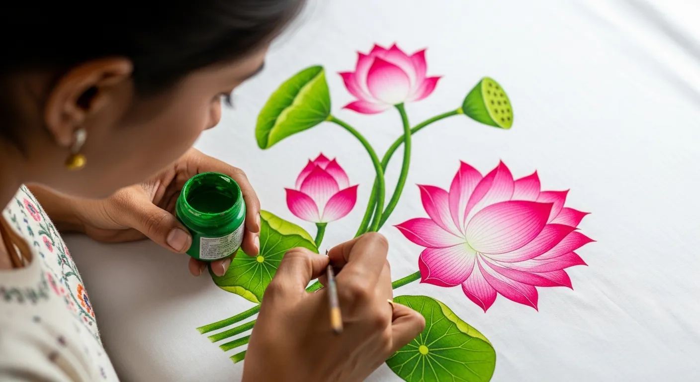 A Woman's Hands Meticulously Painting Vibrant Pink Lotus Flowers and Green Leaves on a Pristine White Fabric