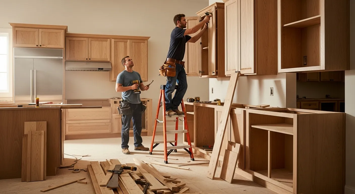Two Workers Making Kitchen Cabinets Two Workers Making Kitchen Cabinets
