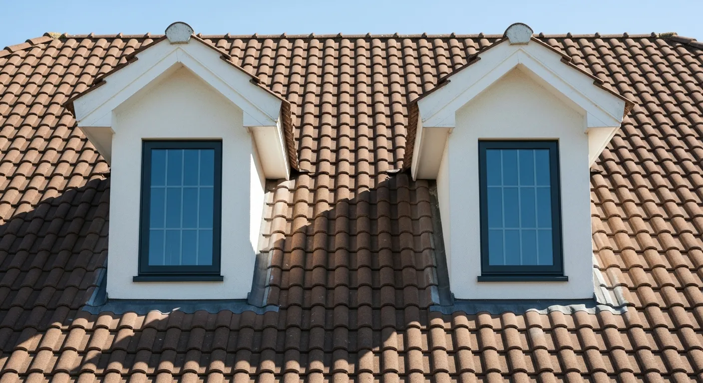 Two White Stucco Dormer Windows With Dark-framed Vertical Windows on a Brown Terracotta Tiled Roof