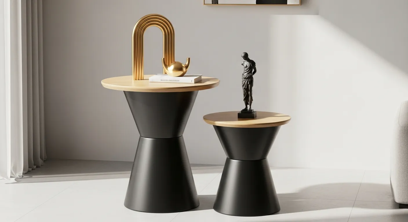 A Round Light Oak Top and Matte Black Hourglass BASE, Adorned With a Golden Arched Sculpture and a Small Book