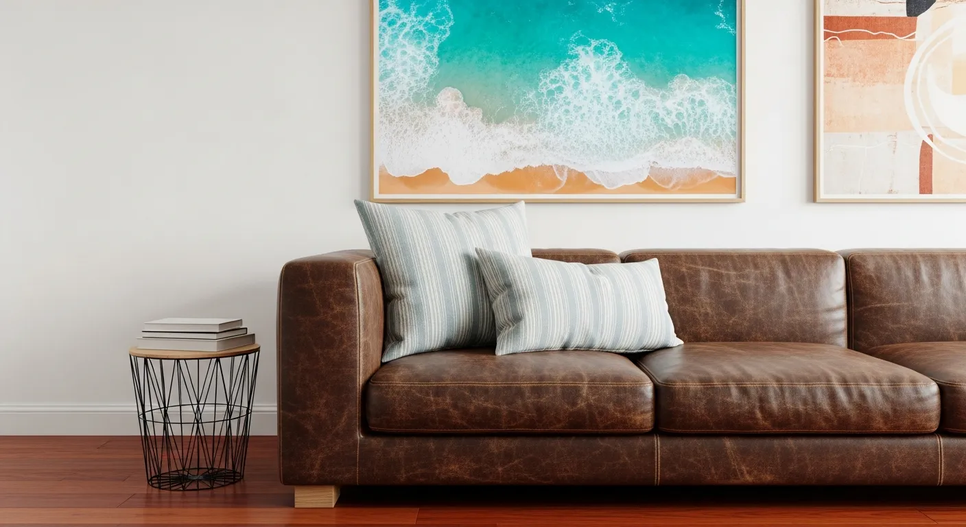 A Luxurious, Distressed Dark Brown Leather Sofa With Two Plump, Robin's Egg Faded Deep Blue and White Stripes Linen-textured Throw Pillows