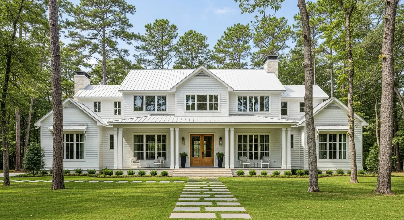 A Stunning White Modern Farmhouse, Featuring Board and Batten Siding, a White Corrugated Metal Roof