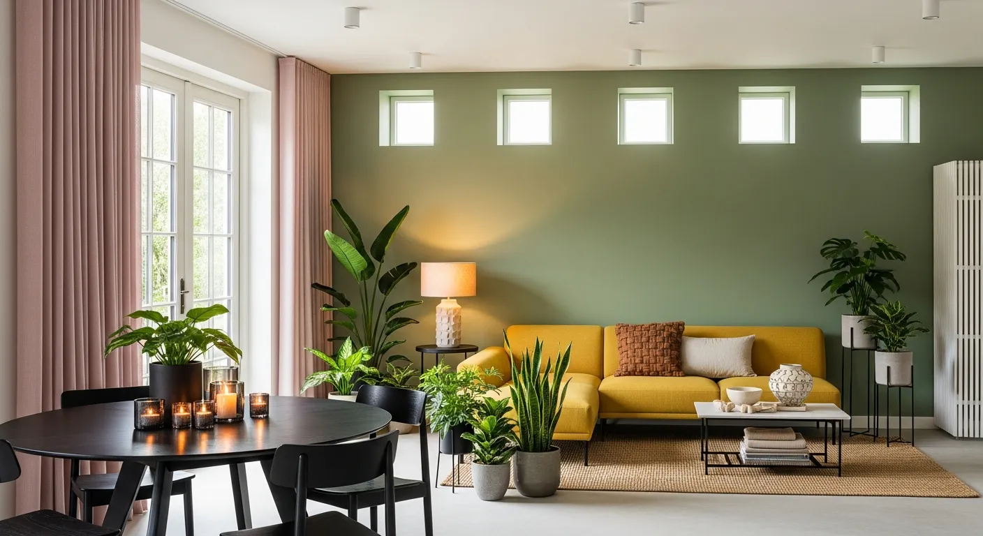 A Long, Yellow Fabric Sectional Sofa, Meticulously Positioned Against a Smooth, Filmy Green Accent Wall