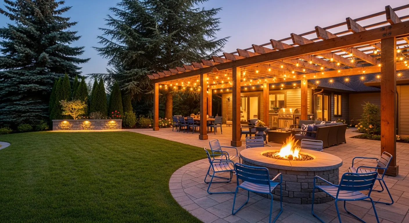 A Sturdy Wooden Pergola Strung With Warm Edison Bulb String Lights Covers a Circular Stacked Stone Fire Pit With a Burning Fire