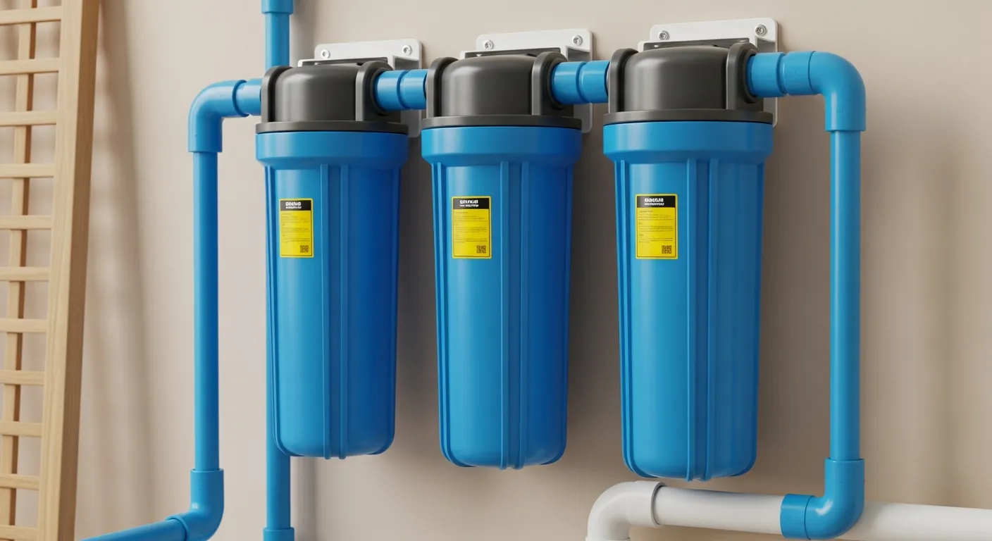 The Filters Are Interconnected at Their Tops by Light Blue PVC Pipe Segments