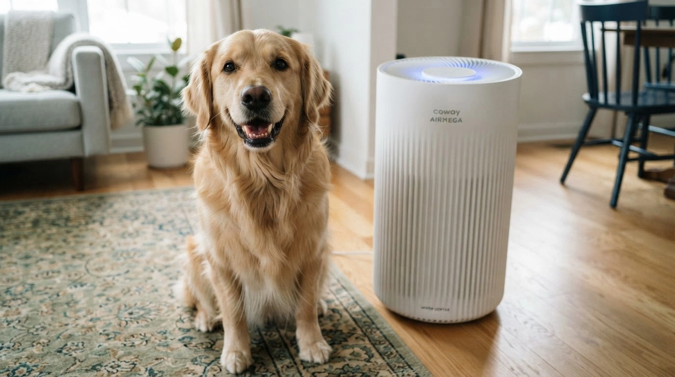 A Sleek, Tall, White Coway Airmega Air Purifier